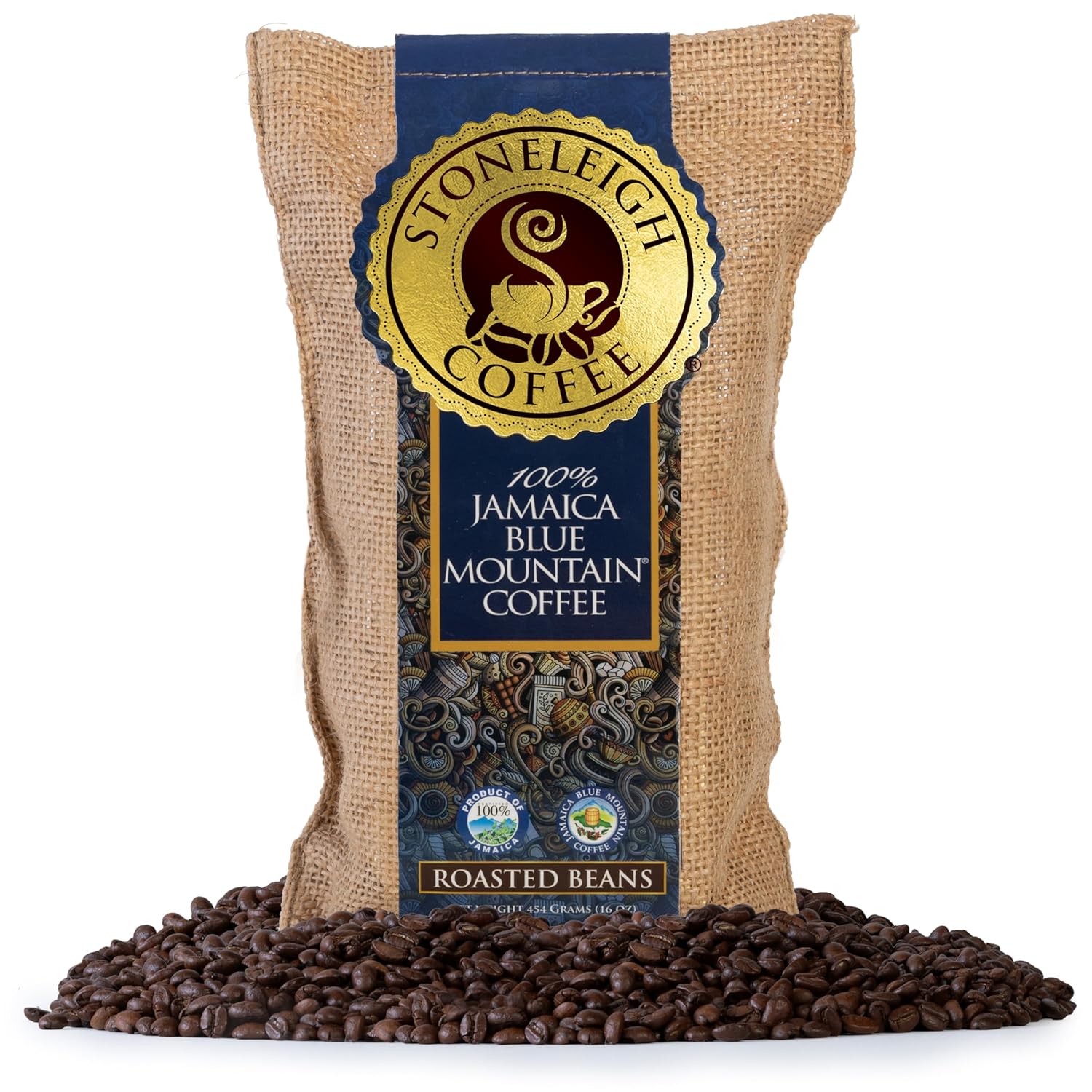 Stoneleigh Coffee – Three Pack(3) Premium 100% Grade A Jamaica Blue Mountain Coffee Roasted Beans - 16Ozs – Genuine Jamaican Product - Traditional Jamaican Crocus (Burlap) Bag Packed Ideal for Gifting