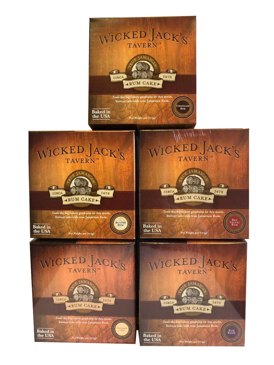 Rum Cake by Wicked Jack's Tavern Original Authentic Rum Cake Assortment - Butter Rum, Red Velvet Rum, Chocolate Rum, Chocolate Chip Rum and Rum Raisin, 4-oz Boxes (Pack of 5)