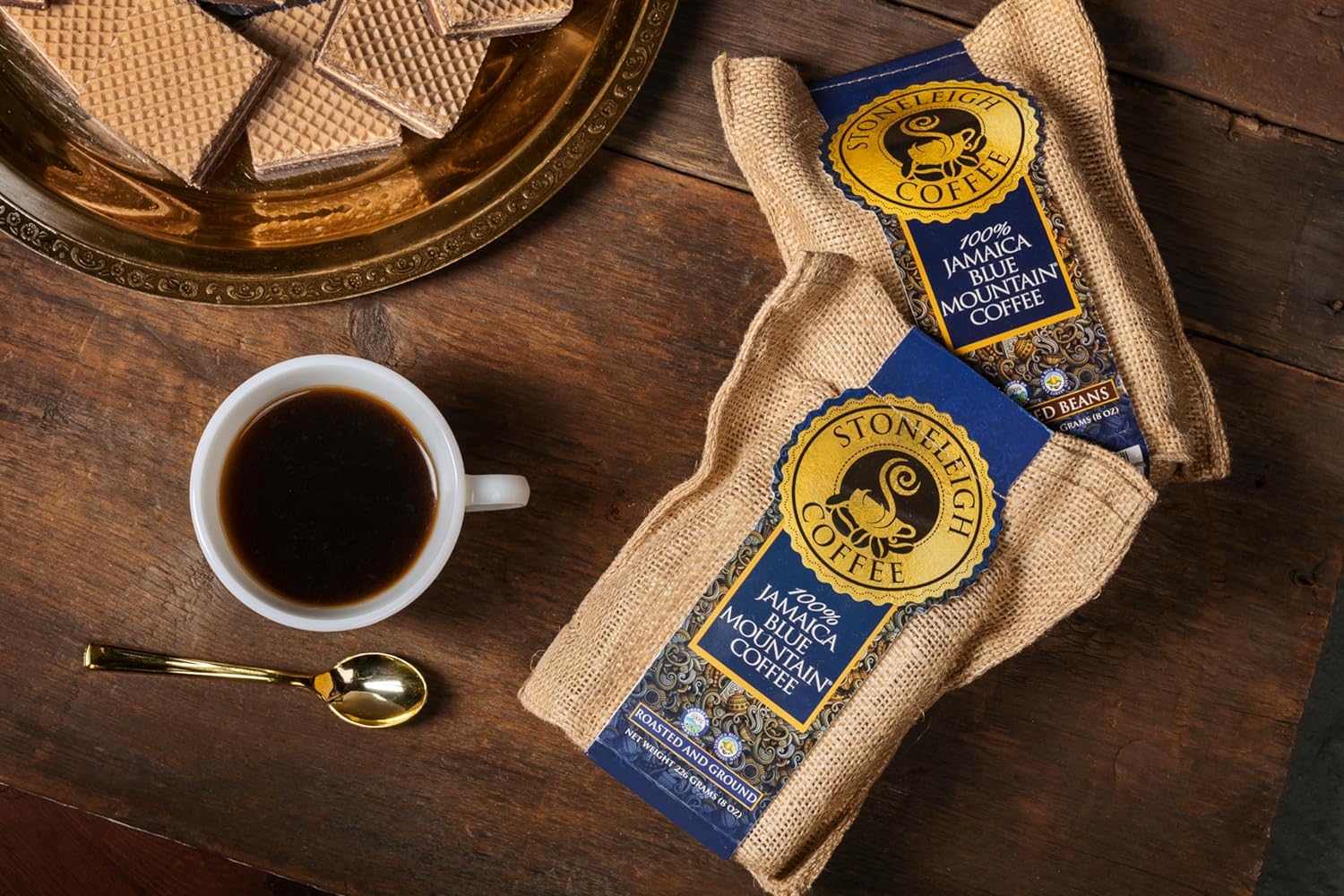 Stoneleigh Coffee – Five Pack (5) Premium 100% Grade A Jamaica Blue Mountain Coffee Roasted Beans - 16Ozs – Genuine Jamaican Product - Traditional Jamaican Crocus (Burlap) Bag Packed Ideal for Gifting